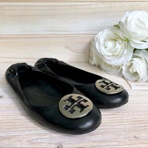 Size 7 Tory Burch Black & Silver Reva Ballet Flats